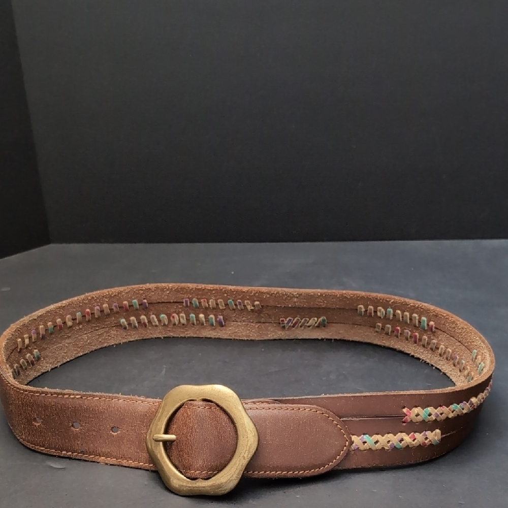 Lucky Brand Women's Brown Leather Belt with Multi-colored Stitching .